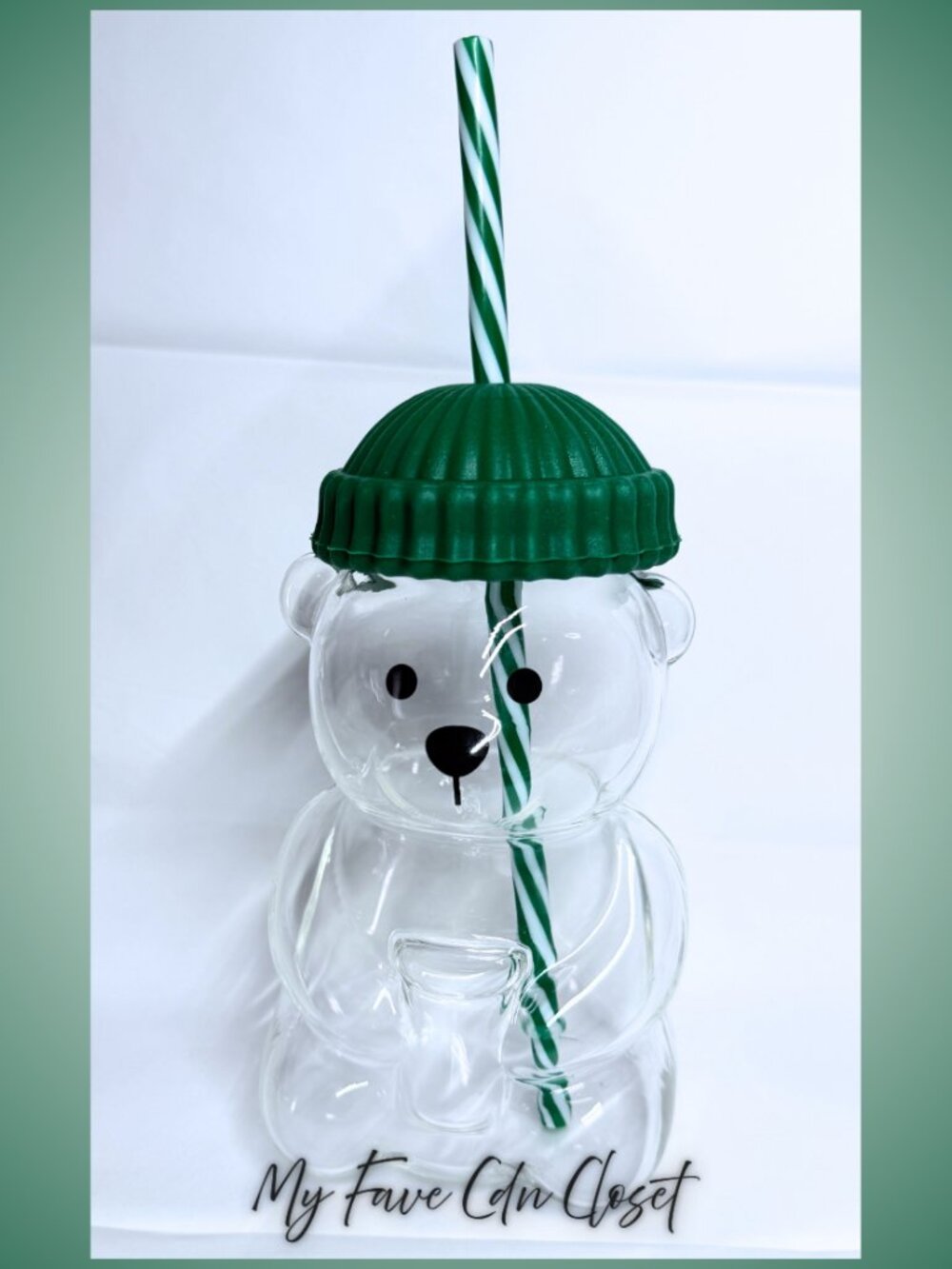 Clear Bear Shaped Glass Cup with Green Lid and Straw